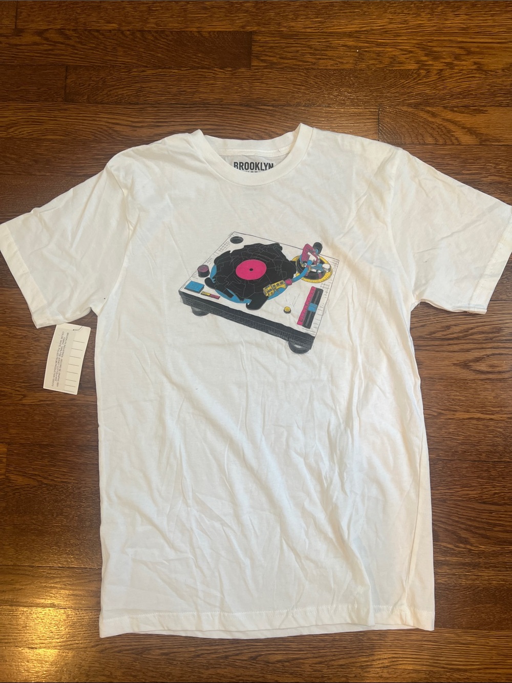 Brooklyn Industries White Graphic Tee with Pink and Black Turntable Print